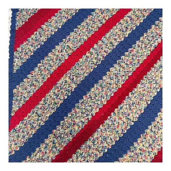 Handmade Crochet Striped Blanket Red Blue Tight Knit VTG Baby Chair Throw 34" - Picture 2 of 4